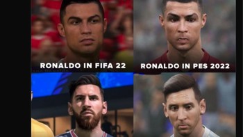Perbandingan gambar Mbappe, Ronaldo dan Messi di eFootball 2022 dan FIFA 22. Foto: Screenshot Twitter