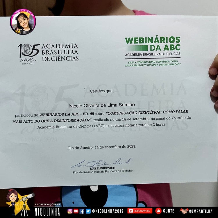 Nicolinha Nicolinha astronom termuda di dunia berusia 8 tahun.