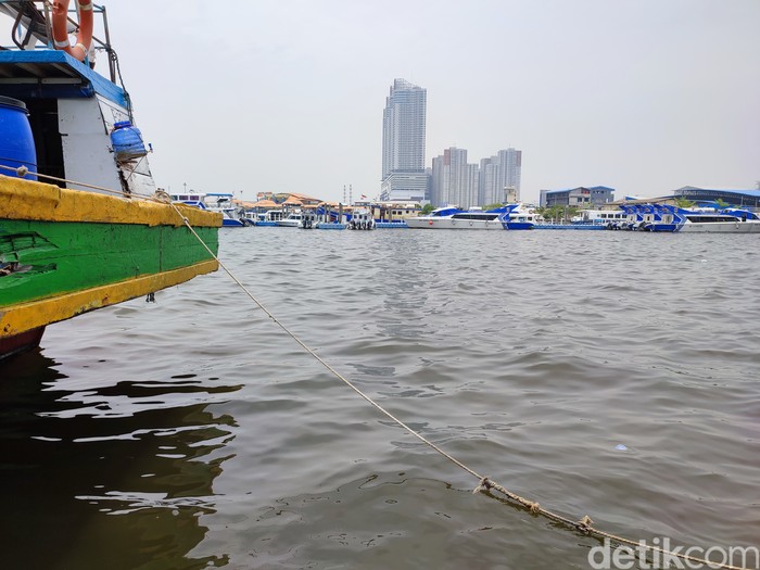 Pemandangan laut di Teluk Jakarta dipantau dari dermaga di Angke. Kabarnya, ini mengandung parasetamol. (Nahda Rizki Utami/detikcom)