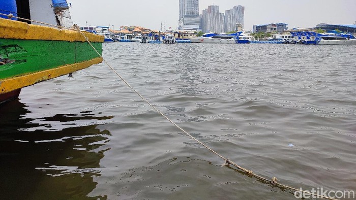 Pemandangan laut di Teluk Jakarta dipantau dari dermaga di Angke. Kabarnya, ini mengandung parasetamol. (Nahda Rizki Utami/detikcom)