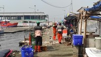 Di sekitar Muara Angke, nampak petugas dinas kebersihan yang membersihkan sampah di pinggir laut. (Azhar Bagas Ramadhan/detikcom)