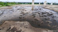 Di lokasi proyek itu juga ada genangan air yang sudah berlumut.
