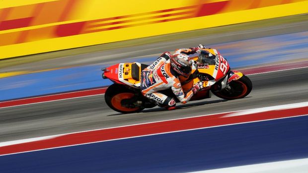 Marc Marquez (93), of Spain, steers through a turn during an open practice session for the MotoGP Grand Prix of the Americas  motorcycle race at the Circuit of the Americas, Friday, Oct. 1, 2021, in Austin, Texas. (AP Photo/Eric Gay)