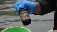 Pengambilan sampel air laut ini memakan waktu sekitar satu jam lebih. Lalu, sampel tersebut akan diuji di laboratorium untuk memastikan adanya kadar paracetamol. (Dok. DLH DKI Jakarta)