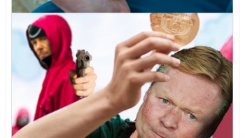 Mengambil adegan di Squid Game, Koeman digambarkan tidak bisa menyelesaikan tantangan gulali dan ditembak pelatih Atletico, Diego Simone. Foto: Twitter
