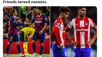 Suarez dan Griezmann dulu berkawan membela Barcelona, kini berduet membela Atletico Madrid. Foto: Twitter