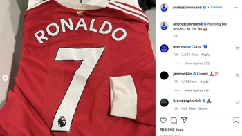 Sempat enggan bertukar jersey di akhir pertandingan, Ronaldo rupanya tetap memberi jersey ke Townsend.Foto: Internet