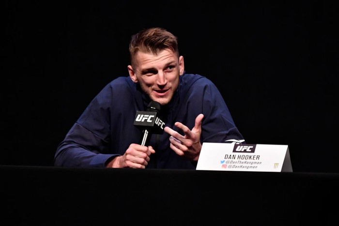 ABU DHABI, UNITED ARAB EMIRATES - JANUARY 21:  In this handout image provided by the UFC, Dan Hooker of New Zealand interacts with media during the UFC 257 press conference event inside Etihad Arena on UFC Fight Island on January 21, 2021 in Yas Island, Abu Dhabi, United Arab Emirates. (Photo by Jeff Bottari/Zuffa LLC via Getty Images)