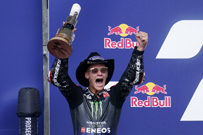 Frances Fabio Quartararo celebrates his second-place finish at the MotoGP Grand Prix of the Americas motorcycle race at Circuit of the Americas, Sunday, Oct. 3, 2021, in Austin, Texas. (AP Photo/Eric Gay)