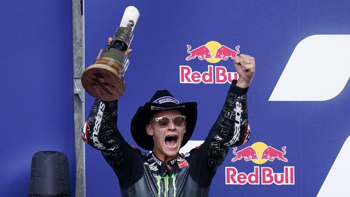 Frances Fabio Quartararo celebrates his second-place finish at the MotoGP Grand Prix of the Americas motorcycle race at Circuit of the Americas, Sunday, Oct. 3, 2021, in Austin, Texas. (AP Photo/Eric Gay)