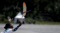 Atlet Aeromodelling Putri Papua Herice Marweri melemparkan pesawat saat bertanding pada kategori OHLG (terbang bebas lempar) PON Papua di Lapangan SP 5, Kabupaten Mimika, Papua, Senin (4/10/2021).