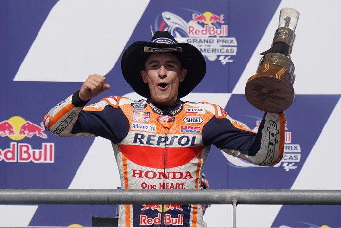 Spain's Marc Marquez (93) celebrates his win at the MotoGP Grand Prix of the Americas motorcycle race at Circuit of the Americas, Sunday, Oct. 3, 2021, in Austin, Texas. (AP Photo/Eric Gay)