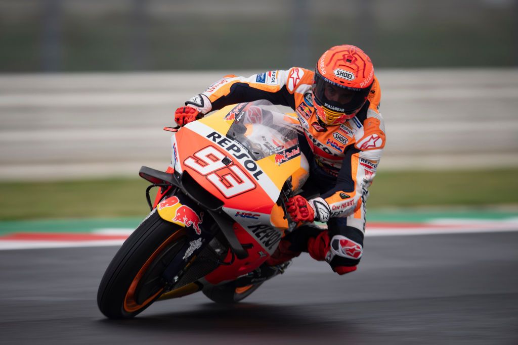 MISANO ADRIATICO, ITALY - SEPTEMBER 17: Marc Marquez of Spain and Repsol Honda Team rounds the bend during the MotoGP Of San Marino - Free Practice at Misano World Circuit on September 17, 2021 in Misano Adriatico, Italy. (Photo by Mirco Lazzari gp/Getty Images)