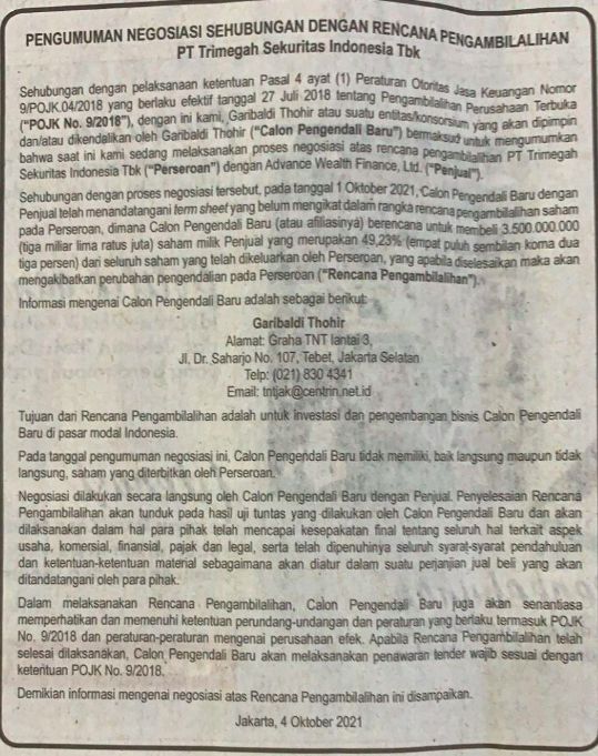 Pengumuman akuisisi Trimegah