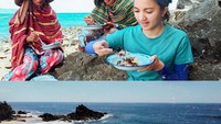 Nah, ini adalah momennya saat mengunjungi Bima. Bersama warga lokal, Sabrina mencari rumput laut yang kemudian diolah menjadi santapan lezat. Foto: Instagram @sabrinaanggraini
