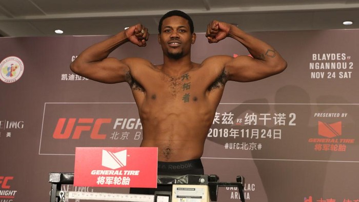 BEIJING, CHINA - NOVEMBER 23:  Kevin Holland poses on the scale during the UFC Fight Night weigh-in at Wanda Realm Hotel on November 23, 2018 in Beijing, China.  (Photo by Emmanuel Wong/Getty Images)