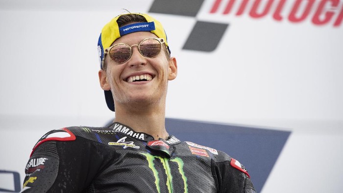 MISANO ADRIATICO, ITALY - SEPTEMBER 19: Fabio Quartararo of France and Monster Energy Yamaha MotoGP Team celebrates second place on the podium during the MotoGP race during the MotoGP Of San Marino - Race at Misano World Circuit on September 19, 2021 in Misano Adriatico, Italy. (Photo by Mirco Lazzari gp/Getty Images)