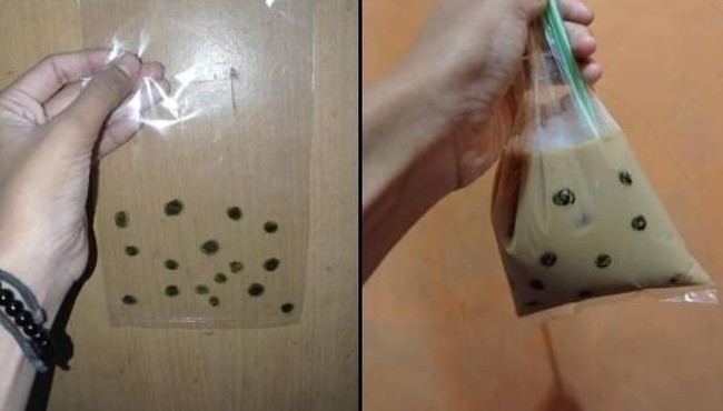 Niat hati ingin minuman yang ada bobanya, tapi apa daya uang tak cukup. Untung punya ide cemerlang untuk menggambar bobanya. Jadi walaupun minumannya cuma di plastik, tetap terlihat mewah dengan tambahan boba bukan? Foto: 1cak.com