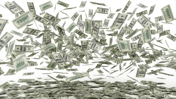 ilustrasi Orang Kaya Dollar Banknotes Flying with clipping path