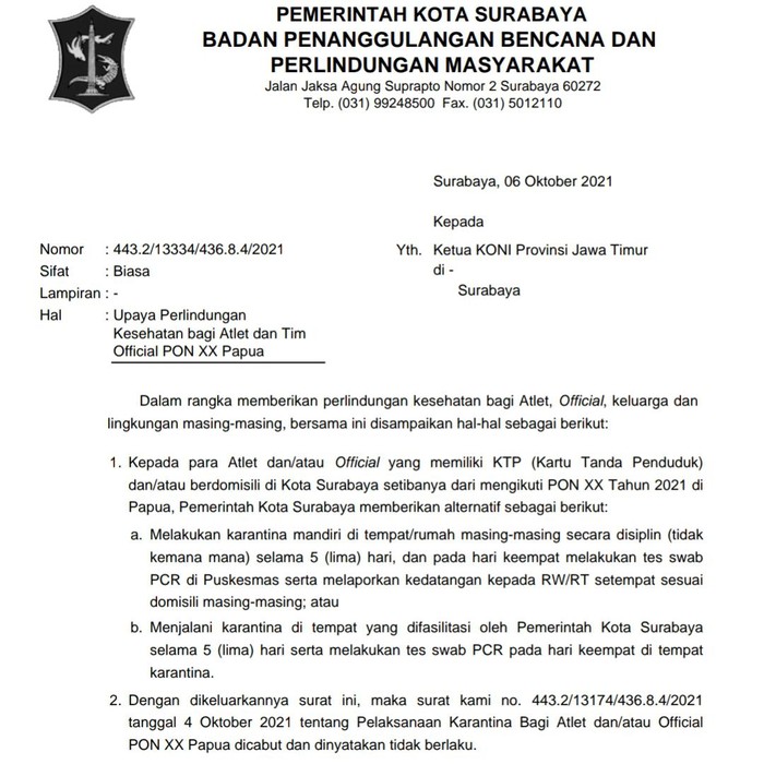 Atlet dan official yang pulang ke Surabaya dari PON XX Papua harus menjalani karantina. Karantina boleh dilakukan di rumah masing-masing dengan tertib.