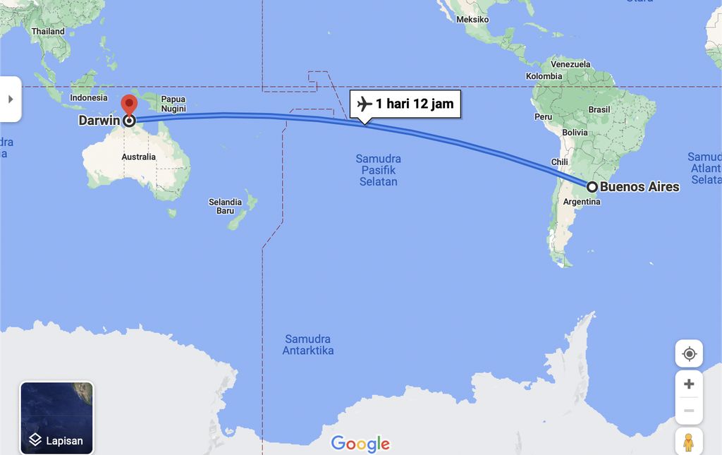 Penerbangan Qantas Buenos Aires, Argentina ke kota Darwin, Australia Utara