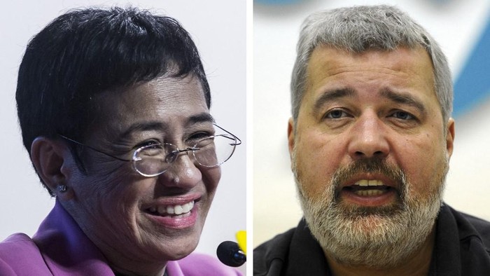 (FILES) This file combination of pictures created on October 08, 2021, shows Maria Ressa (L), co-founder and CEO of the Philippines-based news website Rappler, speaking at the Human Rights Press Awards at the Foreign Correspondents Club of Hong Kong on on May 16, 2019 and Dmitry Muratov, editor-in-Chief of Russias main opposition newspaper Novaya Gazeta gestures as he speaks during a news conference in Moscow, on December 11, 2012. - The 2021 Nobel Peace Prize was awarded on October 8, 2021 to journalists Maria Ressa (Philippines) and Dmitry Muratov (Russia). (Photo by Isaac LAWRENCE / AFP)