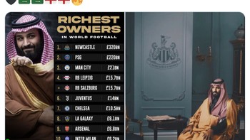 Newcastle United langsung meroket jadi yang teratas, klub tajir sealam dunia. Foto: Twitter