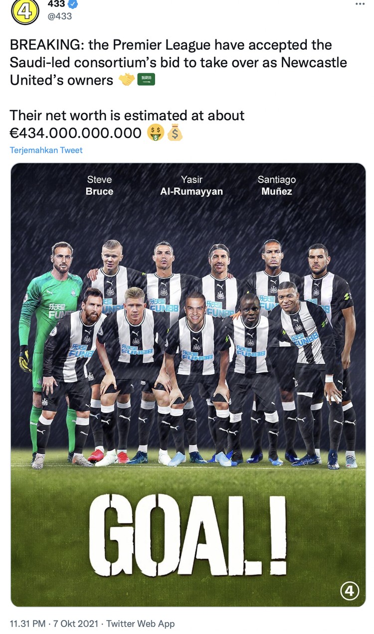 Newcastle United Newcastle United resmi dibeli Pangeran Arab Mohammed bin Salman Rp 5,8 T. Seiring pengalihan kepemilikan tersebut, The Magpies jadi klub bola terkaya di dunia.