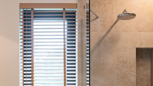 Shower separated by a glass wall from the window.