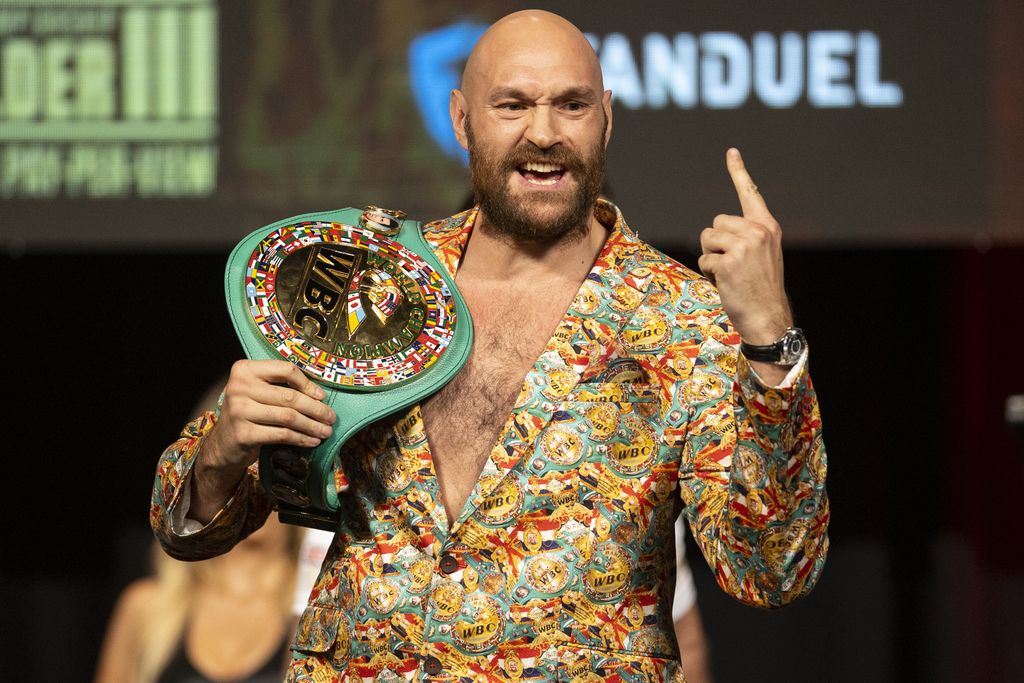 Tyson Fury poses during a news conference in advance of his heavyweight title boxing bout against Deontay Wilder, in Las Vegas on Wednesday, Oct. 6, 2021. (Erik Verduzco/Las Vegas Review-Journal via AP)