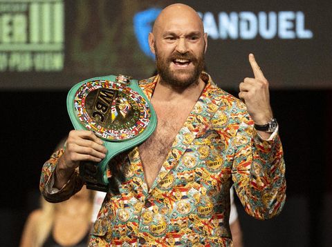 Tyson Fury poses during a news conference in advance of his heavyweight title boxing bout against Deontay Wilder, in Las Vegas on Wednesday, Oct. 6, 2021. (Erik Verduzco/Las Vegas Review-Journal via AP)