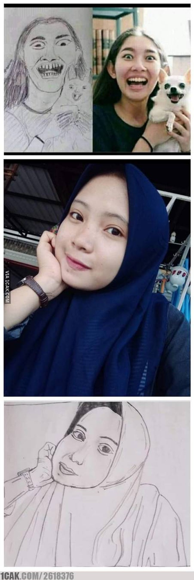 Gambar sketsa wajah yang atas malah jadi terlihat menyeramkan. Kalau hasil gambar sketsanya kayak gini sih bisa-bisa nggak ada lagi deh yang mau dilukis. Foto: 1cak.com