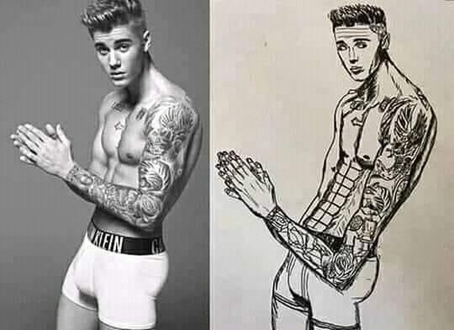 Sketsa Justin Bieber yang satu ini sukses bikin bengek. Badannya jadi terlihat panjang banget ya di gambar.. Foto: Instagram/@sukijan.id