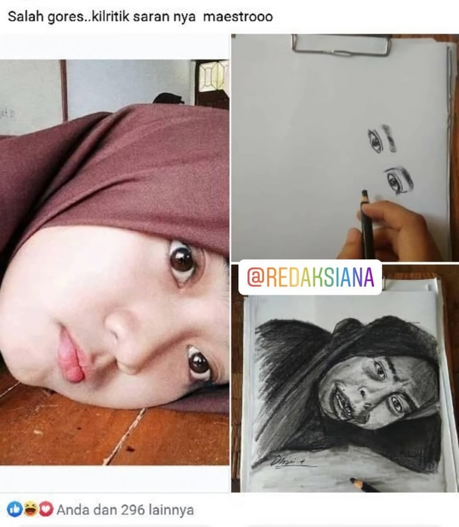 Pose dan outfitnya sih sama, tapi kok hasil sketsa mukanya kayak gitu ya? Dijamin modelnya langsung syok pas lihat. Foto: Instagram/@redaksiana