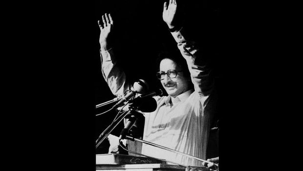 In this Sept. 8, 1980 file photo, Iranian President Abolhassan Banisadr speaks, at the Martyr's Square in Tehran, to a crowd commemorating the second anniversary of more than 4,000 demonstrators killed by the Shah's army.