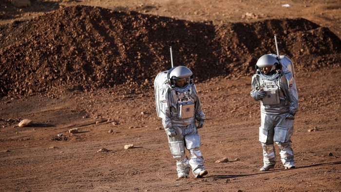 Scientists participate in a demonstration of an experiment led by Austrian and Israeli agencies simulating a mission to Mars near Mitzpe Ramon, Israel October 10, 2021. REUTERS/Amir Cohen