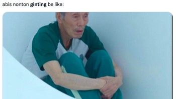 Kakek Squid Game sekarang sudah jadi meme. Cocok banget menggambarkan suasana hati netizen karena Anthony Ginting kalah lawan Kantaphon Wangcharoen dari Thailand. Foto: (Twitter)