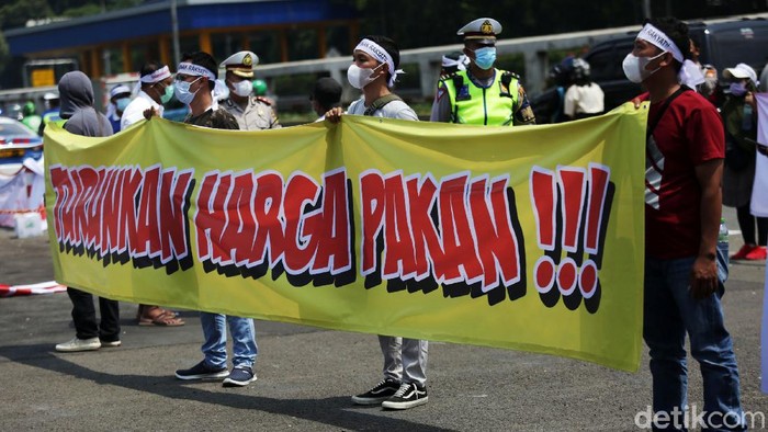Massa yang tergabung dalam Paguyuban Peternak Rakyat Nusantara melakukan aksi unjuk rasa di depan Gedung DPR, Jakarta  Senin (11/10/2021). Aksi ini menuntut Pemerintah agar keadilan bagi para peternak ayam mandiri, yang selalu dihantui oleh ancaman monopoli perusahaan besar (korporasi) dan fluktuasi harga rugi.