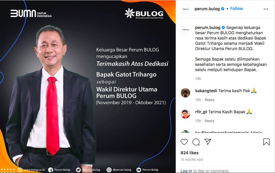 Apresiasi Perum BULOG kepada Gatot Trihargo.