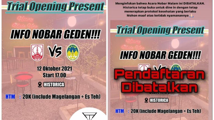 Iklan nonton bareng (nobar) Derby Mataram antara PSIM Yogyakarta vs Persis Solo yang akhirnya dibatalkan, Selasa (12/10/2021).