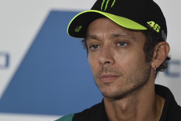 MISANO ADRIATICO, ITALY - SEPTEMBER 16:  Valentino Rossi of Italy and Petronas Yamaha SRT looks on during the press conference pre-event during the MotoGP Of San Marino - Previews at Misano World Circuit on September 16, 2021 in Misano Adriatico, Italy. (Photo by Mirco Lazzari gp/Getty Images)