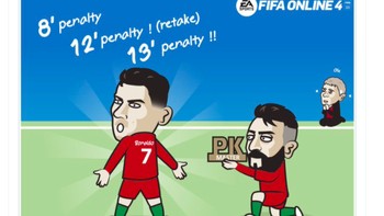 Namun ada juga yang menyindir gol Ronaldo banyak dilesakkan melalui titik penalti. Semalam pun hattrick itu berasal dari dua penalti. Foto: Twitter