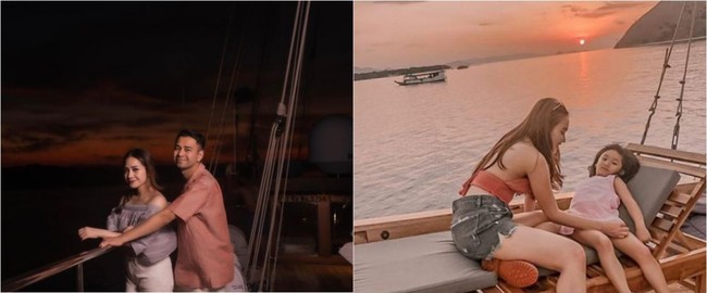 Beda gaya Nagita Slavina dan Ayu Ting Ting saat menikmati sunset. Nagita tampak menikmati sunset bersama suaminya, Raffi Ahmad, sedangkan Ayu Ting Ting menikmati sunset bersama sang anak, Bilqis. Foto: Instagram/@raffinagita1717 dan @ayutingting92