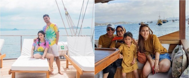 Sama-sama berpose di atas kapal, Nagita Slavina tampil kompak dengan Raffi Ahmad mengenakan kaos tie dye. Sedangkan Ayu Ting Ting terlihat berpose bersama keluarganya. Foto: Instagram/@raffinagita1717 dan @ayutingting92