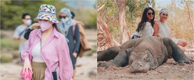 Sama-sama pernah mengunjungi pula Rinca, Nagita Slavina tampil cantik dengan tanktop putih dan celana hijau army yang dipadukan dengan kemaja merah muda yang dijadikan outer. Penampilannya itu kemudian dilengkapi dengan bucket hat warna warni. Foto: Instagram/@raffinagita1717 dan @ayutingting92