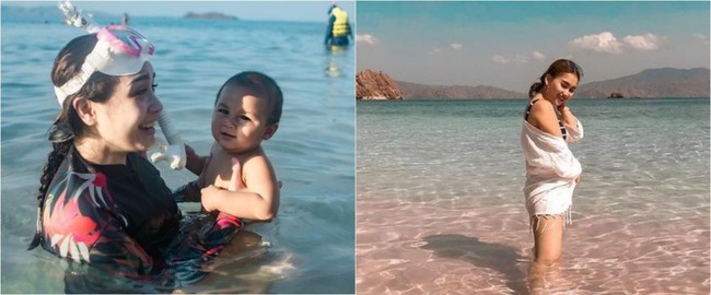 Berlibur ke pantai, begini beda gaya Nagita Slavina dan Ayu Ting Ting. Nagita tampil dengan baju renang warna hitam sedangkan Ayu Ting Ting mengenakan tanktop hitam garis-garis dan outer putih. Foto: Instagram/@raffinagita1717 dan @ayutingting92