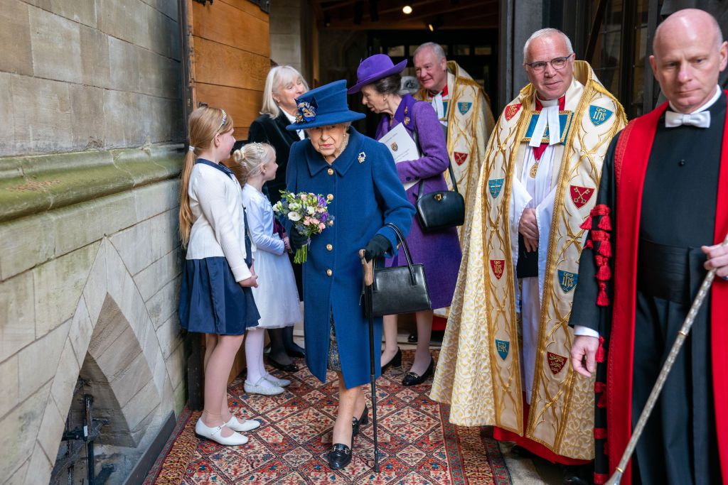 LONDON, ENGLAND - OCTOBER 12: Queen Elizabeth II and Princess Anne, Princess Royal attend a service of Thanksgiving to mark the centenary of The Royal British Legion at Westminster Abbey on October 12, 2021 in London, England. (Photo by Arthur Edwards - WPA Pool/Getty Images)