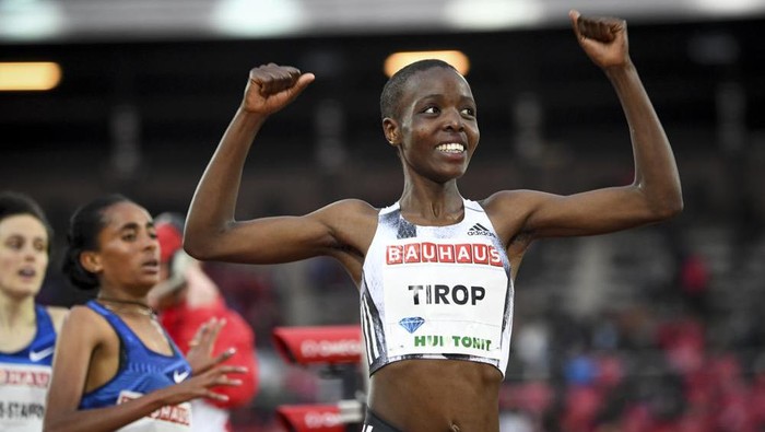 FILE - In this Thursday, May 30, 2019 file photo, Agnes Tirop of Kenya smiles after winning the womens 1500m race at the IAAF Diamond League meeting at Stockholm Olympic Stadium in Stockholm, Sweden. Kenyan runner Agnes Tirop, a two-time world championships bronze medalist, has been found dead at her home in Iten in western Kenya, the countrys track federation said Wednesday, Oct. 13, 2021. (Fredrik Sandberg/TT News Agency via AP, File)