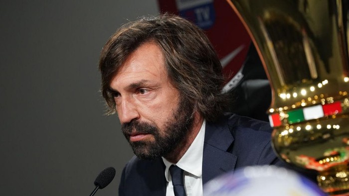 REGGIO NELLEMILIA, ITALY - MAY 18: Head coach of Juventus Andrea Pirlo speaks with the media during an Juventus press conference ahead of the TIMVISION Cup Final between Atalanta BC and Juventus on May 18, 2021 in Reggio nellEmilia, Italy. (Photo by Claudio Villa/Getty Images for Lega Serie A)
