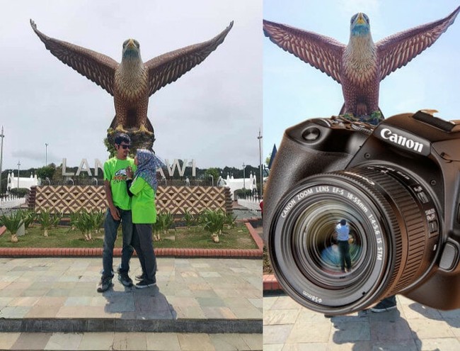 Kalau di lihat foto yang sebelah kiri sih sudah benar. Tapi mungkin biar bapak-bapaknya nggak ilang dan bisa tetap diabadikan dalam foto, akhirnya si bapak dipindahkan ke tempat lain. Bisa tebak ke mana si bapak dipindahkan? Foto: LobakMerah dan Facebook/Dak Angah Lailatul